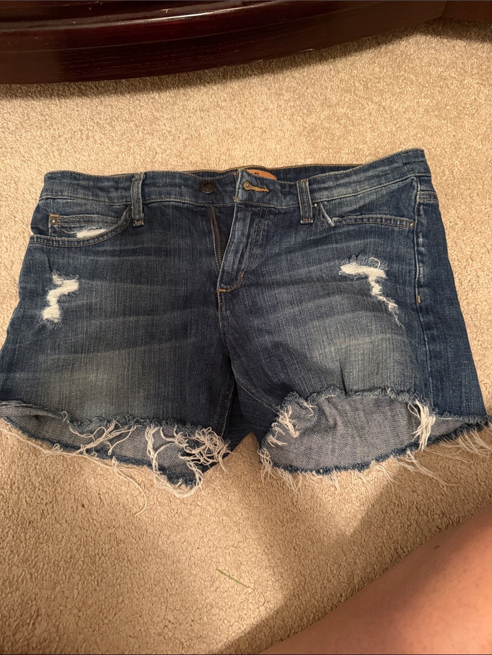 Distressed Mid-Rise Denim Shorts in Dark Blue